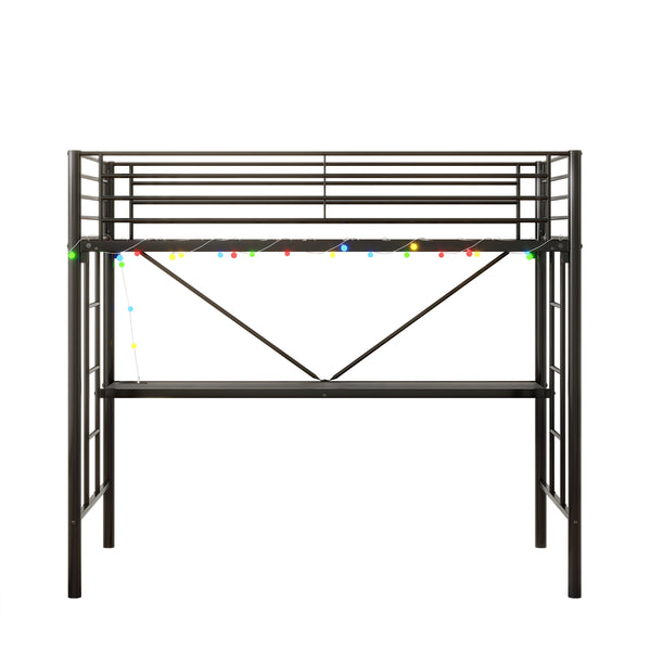 English Elm Twin Metal Loft Bed with Desk, LED Mood Lights, Full Safety Guardrails, Built-in Power Outlet & USB W840P192240