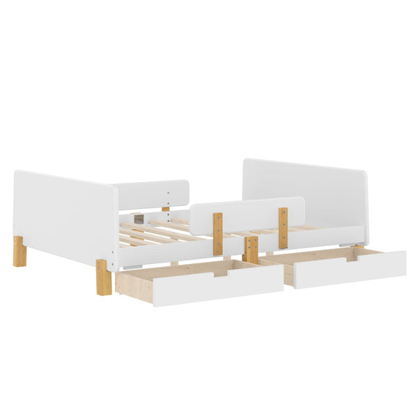 English Elm Twin Low Profile Kids Floor Bed Pine Wood Frame with Safety Rail and Built in Bookshelf Light White W1580P373244