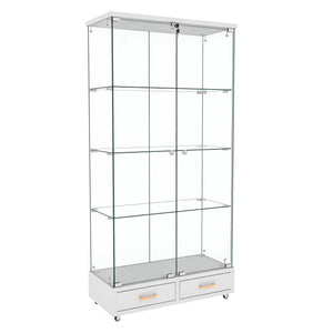 English Elm Modern Glass Display Cabinet With Led Lights & Drawers - Stylish 4-Shelf Storage For Any Room W241S00058