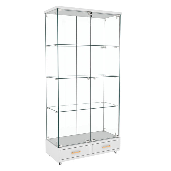 English Elm Modern Glass Display Cabinet With Led Lights & Drawers - Stylish 4-Shelf Storage For Any Room W241S00058