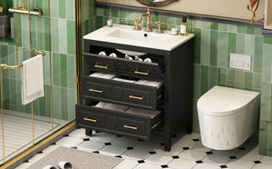 English Elm 30'' Bathroom Vanity with Ceramic Sink, Solid Wood Frame Retro Style Vanity with 3 Drawers & Gold Handles Black N710P246209B