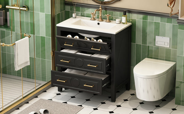 English Elm 30'' Bathroom Vanity with Ceramic Sink, Solid Wood Frame Retro Style Vanity with 3 Drawers & Gold Handles Black N710P246209B