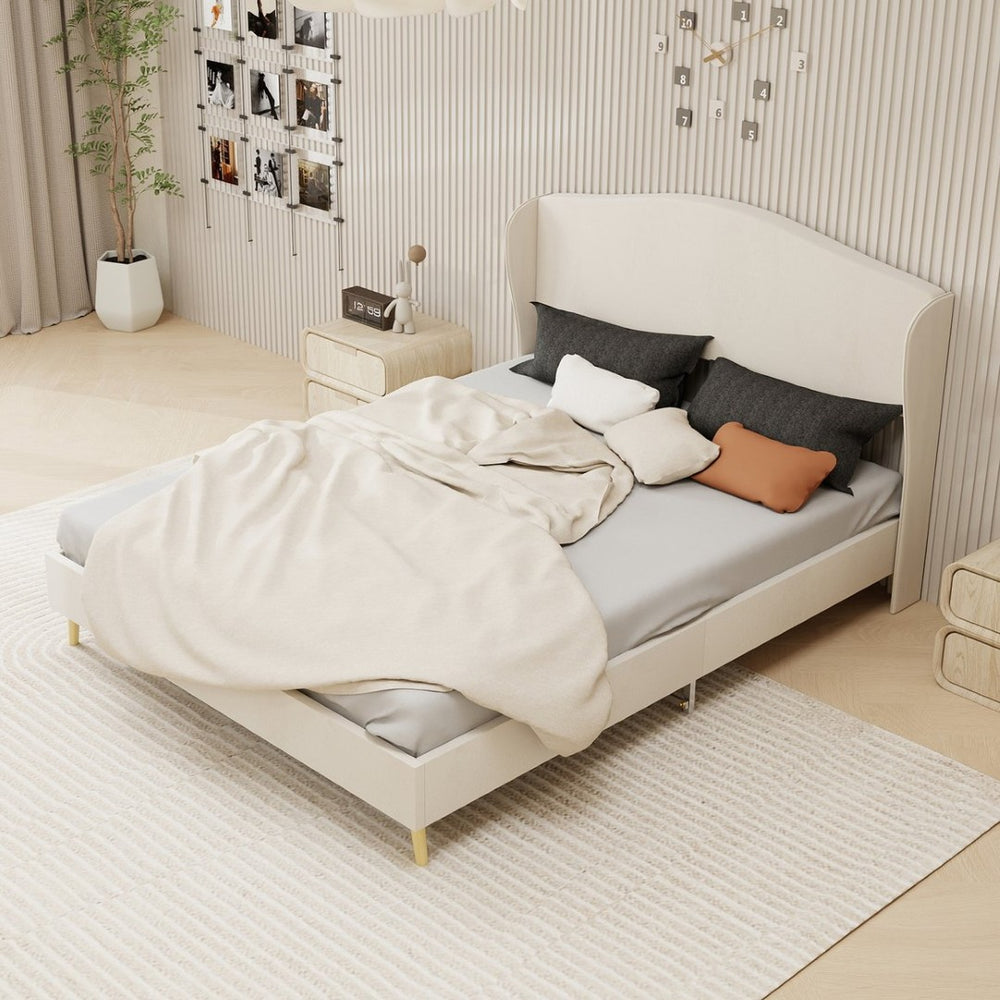 English Elm Velvet Tufted Queen Platform Bed Diamond Headboard for Elegant Master Bedroom Beige W1935P361022