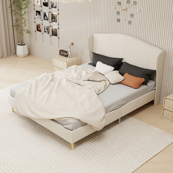 English Elm Velvet Tufted Queen Platform Bed Diamond Headboard for Elegant Master Bedroom Beige W1935P361022