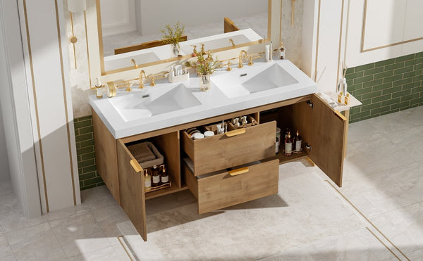 English Elm [video]59.3 Inch Wall Mounted Double Sink Vanity Wood Grain Mdf Soft Close Storage N729P000027N