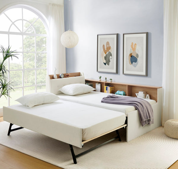 English Elm Twin Size Velvet Daybed With Trundle, Storage Headboard & Wireless Charging - Stylish & Functional! W1413S00111-GIGA