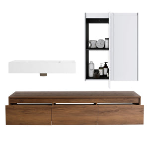 English Elm 60-Inch Wall-Mounted Vanity With Molded Resin Sink, 2 Side Cabinets & 3 Soft-Close Drawers For Storage W999S00285