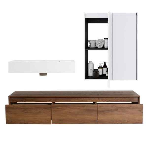 English Elm 60-Inch Wall-Mounted Vanity With Molded Resin Sink, 2 Side Cabinets & 3 Soft-Close Drawers For Storage W999S00285