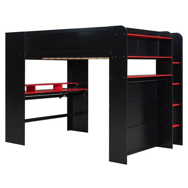 English Elm Full Size Gaming Bunk Bed with Rgb Lighting Integrated Desk Wardrobe and Storage Red LT100266AAR