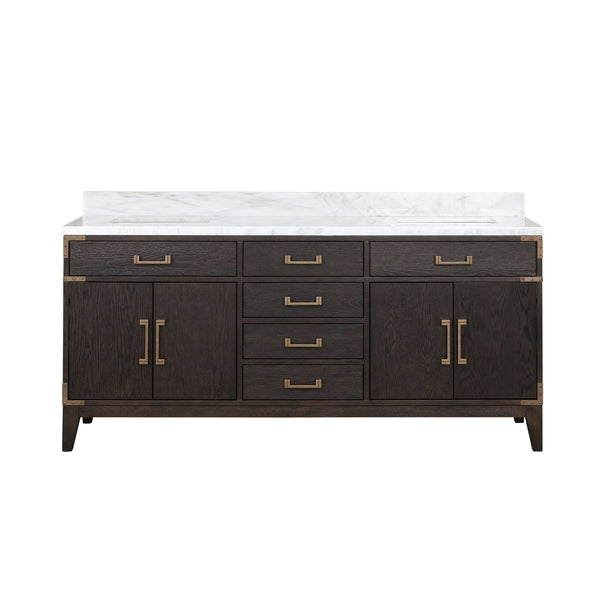 English Elm Brown Oak 72" Double Bathroom Vanity with Carrara Marble Top, Solid Wood, Soft-Close Drawers, Ample Storage B2731P259879