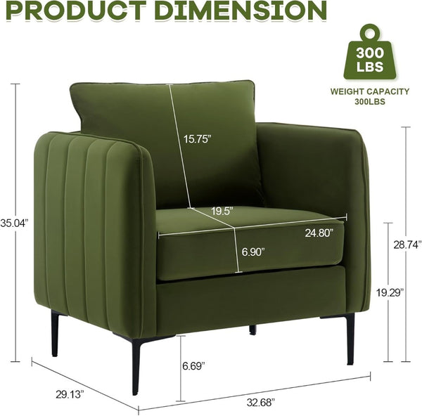 English Elm Accent Velvet Armchair Mid-century Modern Plush Seat with Metal Legs for Any Room Green W3244P325833