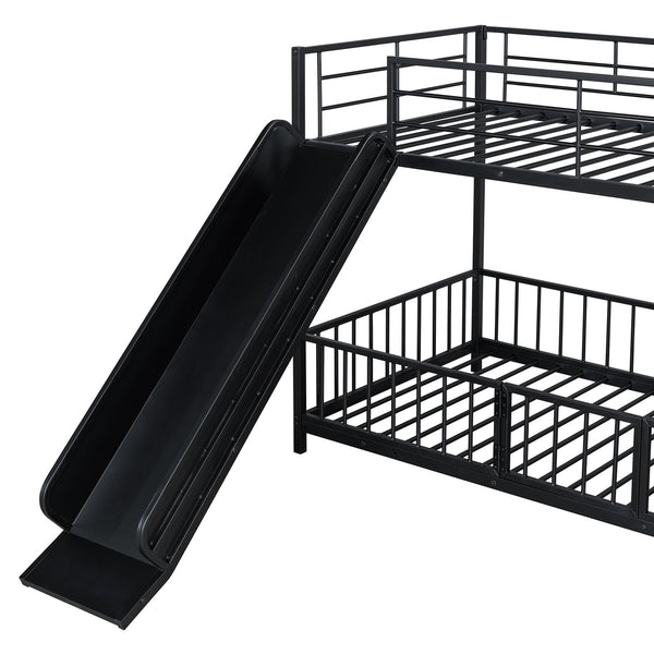 English Elm Twin Twin over Twin metal bunk bed with slide, guardrails and convertible loft design for safety and playfulness Black SF000169AAB