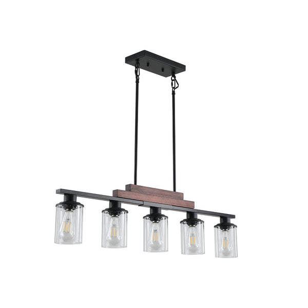 English Elm 37" Farmhouse Industrial 5-Light Pendant Light Walnut Black Metal Wood Chandelier with Clear Glass Shades, Adjustable Height for Kitchen Island Dining Room Living Room W2312P368680