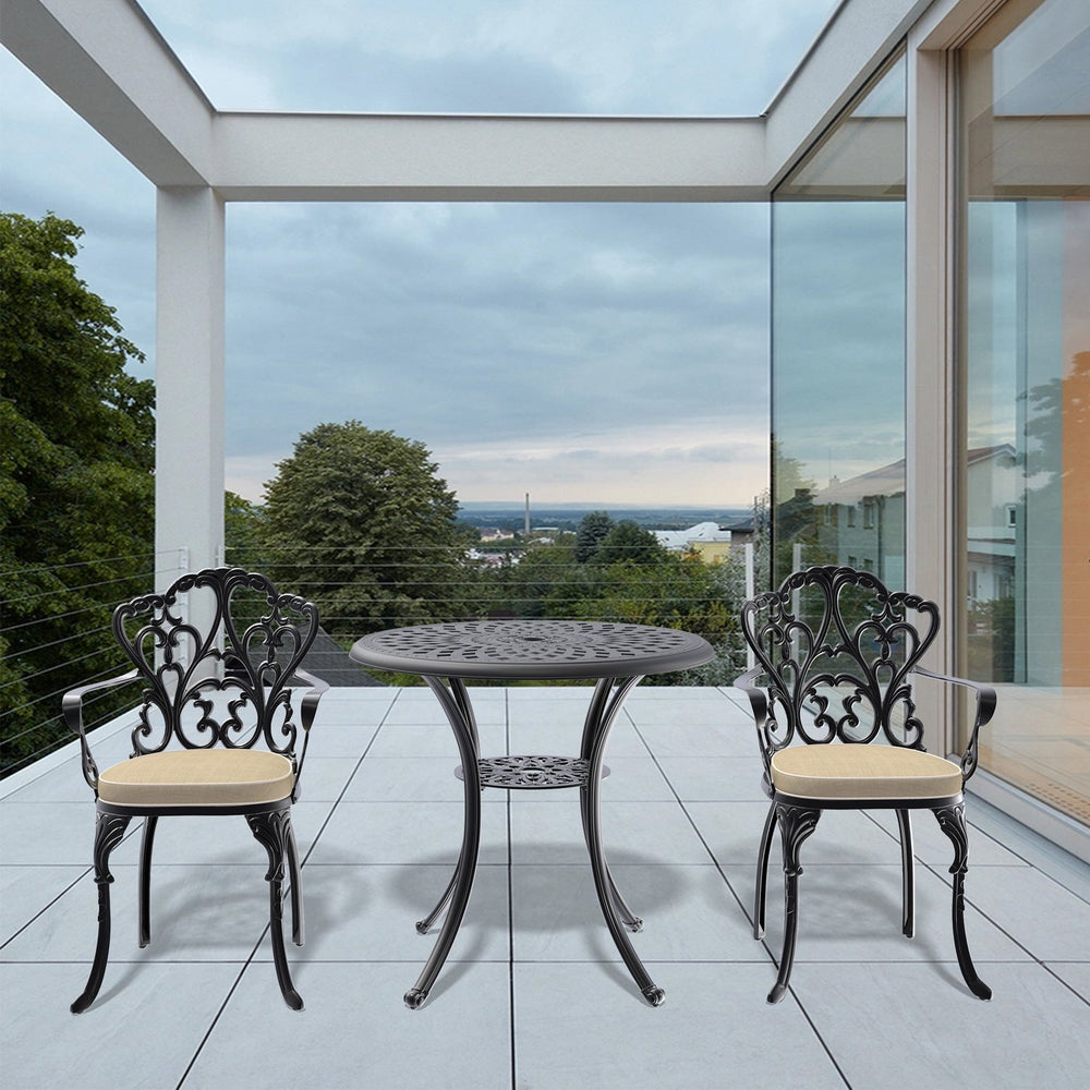 English Elm 3-Piece Cast Aluminum Patio Furniture Set With Beige Cushions – Elegant Outdoor Dining Solution W1710S00047