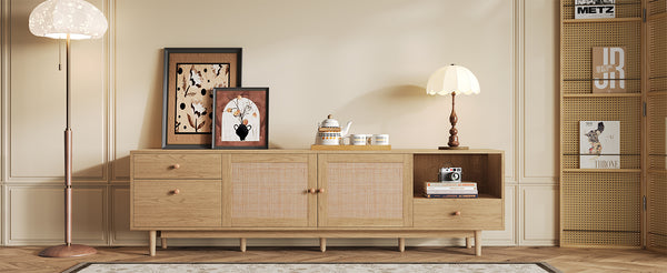 English Elm Boho Natural Rattan TV Stand for Up to 85" TVs, 3 Drawers + Cabinets & Open Shelves, Modern Wood console with organic texture and sturdy 110 lb capacity N710P339452P