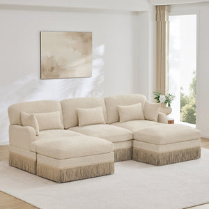 English Elm 100"comfy Chenille Leopard Print U-shaped Sectional with Tassel Trim and Modular Ottomans Beige W5656S00006