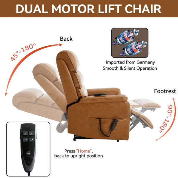 English Elm Dual Motor Power Lift Recliner with Massage Heat and 180 Degree Brown Lounge Chair Yellow Brown W1803S00061