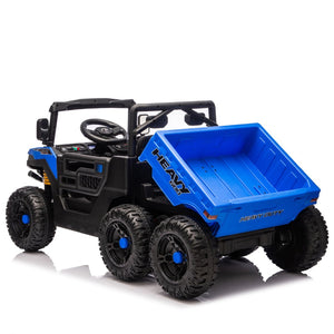 English Elm 24v Electric Kids Dump Truck 4wd Six Wheel Ride on with Remote Suspension Cargo Bucket Blue W1578P380843