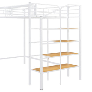English Elm Twin Metal Loft Bed with Upper Grid Storage Shelf and 4-Layer Ladder Shelves for Space Saving White SF100081AAK