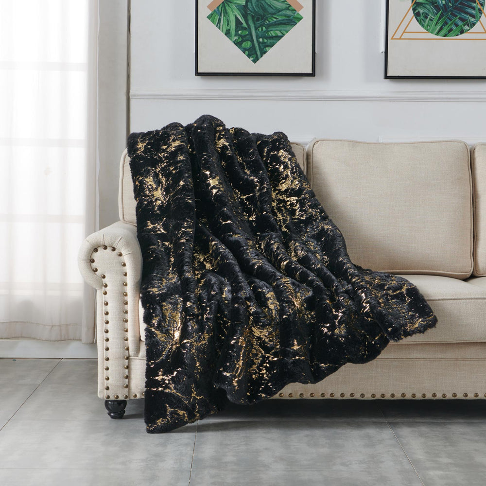 English Elm Luxury Chinchilla Faux Fur Gilded Black Throw Blanket - Elegant Cozy Accent For Home Decor & Travel B030P233958
