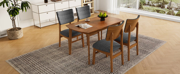 English Elm Mid-century Solid Wood Dining Table Set for 4 — 5-Piece Farmhouse Style, Upholstered Chairs, Space-Saving N752S000016D