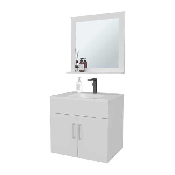 English Elm White Floating 2-Door Bathroom Vanity Set with Sink & Mirror – Bright White Finish, Space-Saving Storage B062P355539