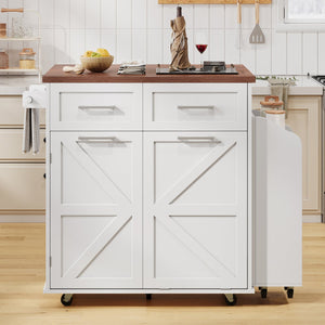 English Elm K&K 47.2" Farmhouse Kitchen Island with Drop Leaf, Removable Side Shelf, Trash Cabinet, Wheels White N707P307296W