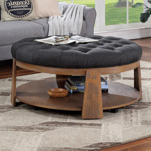 English Elm Round Wire-Brushed Coffee Table 40¾" Dia Rustic Natural Tone with Button-Tufted Padded Seat & Open Shelf B2741P360142