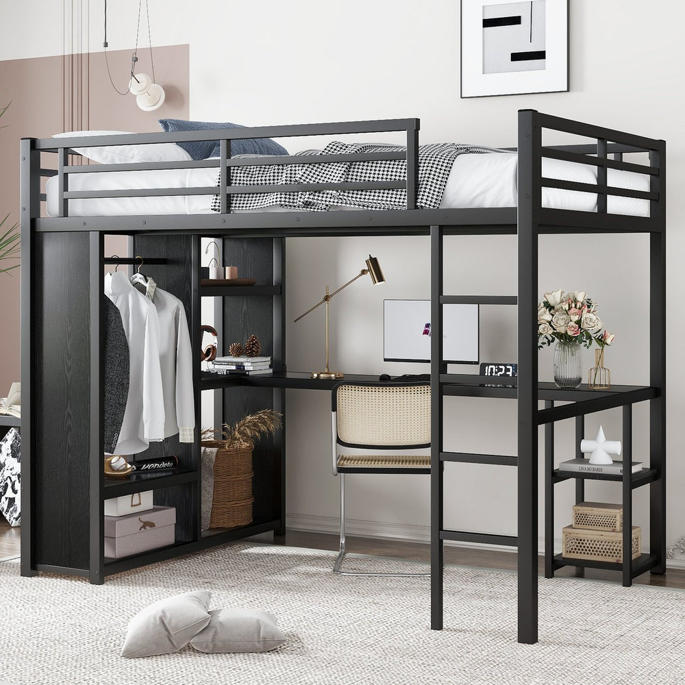 English Elm Full Size Loft Bed Frame With Wardrobe, Desk & Storage Shelves - Modern Black Metal Design W1580S00120