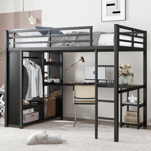 English Elm Full Size Loft Bed Frame With Wardrobe, Desk & Storage Shelves - Modern Black Metal Design W1580S00120
