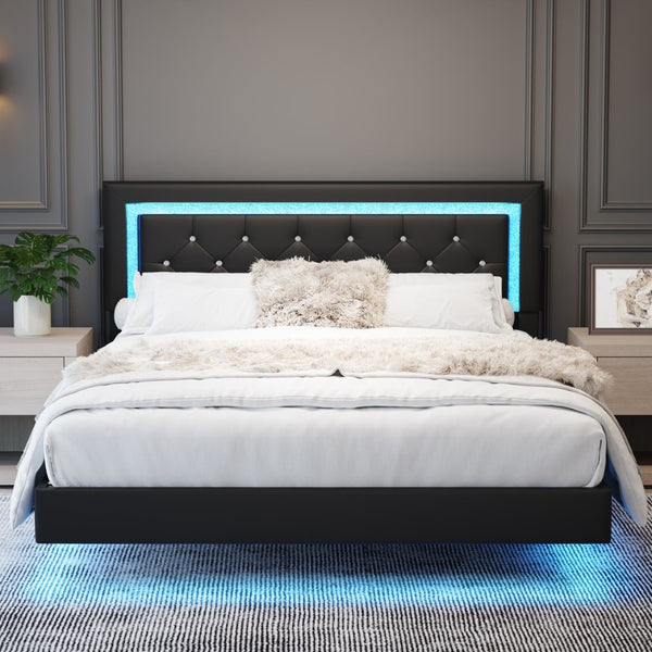 English Elm Queen Platform Bed Pu Leather Tufted Headboard Rgb Led Floating Frame Modern W3107P419201