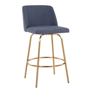 English Elm Toriano 26" Contemporary Counter Stool Set of 2 with Swivel Padded Seat Gold Metal Base, Stylish Upholstery and Round Footrest Blue B202S00392
