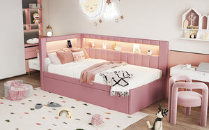 English Elm Upholstered Twin Platform Bed with Trundle, Linen Backrest, Built-In USB Ports & LED Accent Lighting Pink DL001919AAH