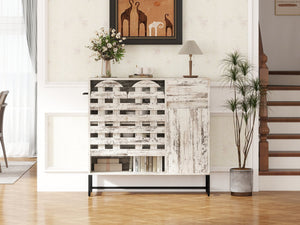 English Elm 44.3"Farmhouse Rustic Sideboard Cabinet with Arched Lattice Doors, Drawer & Open Shelves, White Vintage W2977P338333