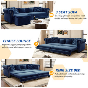 English Elm Chesterfield 3-In-1 Convertible Sofa Bed - Plush Velvet Sleeper With Ottoman & Tufted Design, Blue W1885S00175
