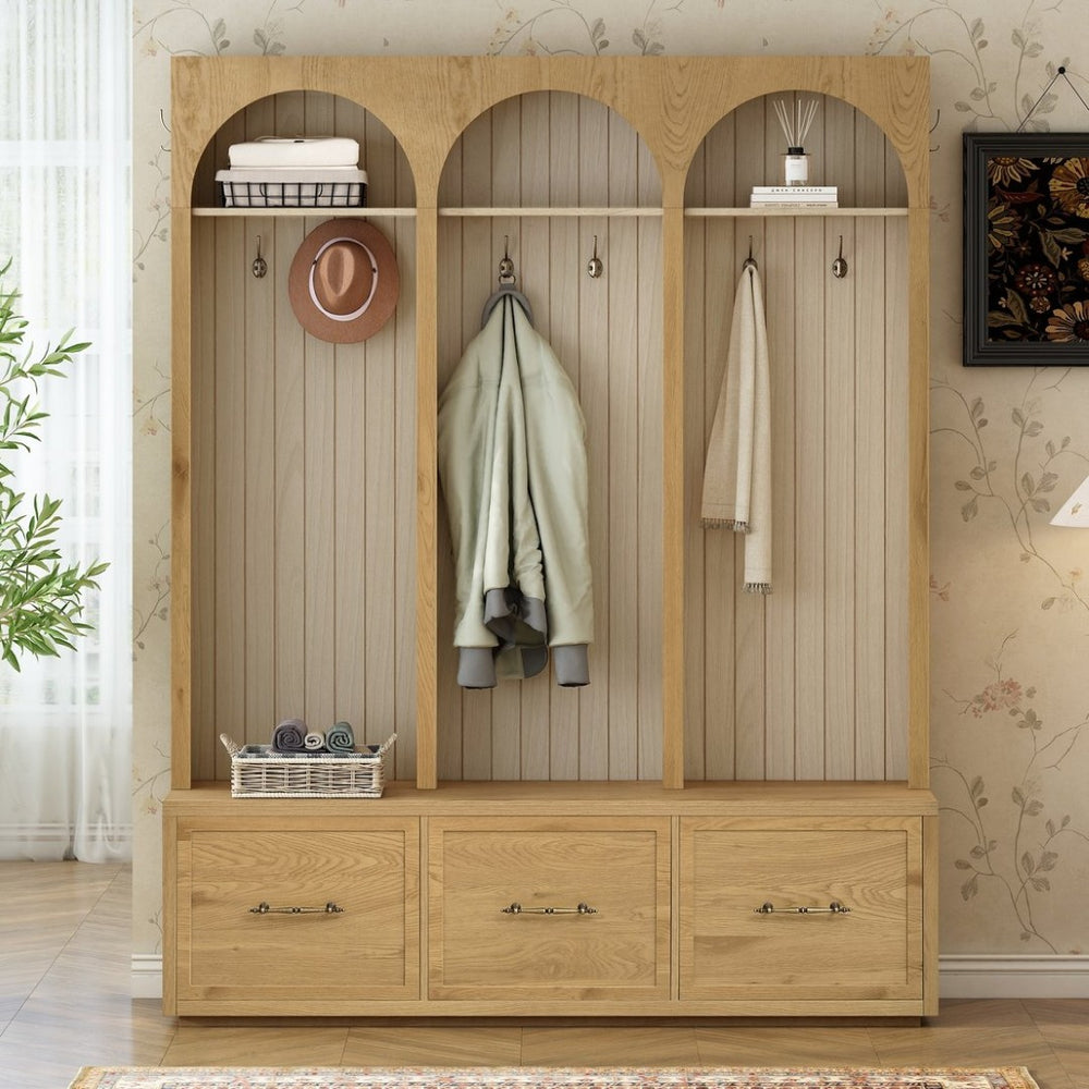 English Elm Farmhouse Hall Tree with Triple Arch Back Panel Eight Hooks Drawers and Entryway Bench N721S000071L