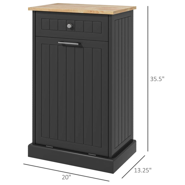 English Elm HOMCOM Tilt-Out Kitchen Trash Cabinet with Drawer and Oak Top Space-Saving Pet-Safe Organizer Black W2225P229386