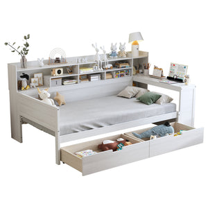 English Elm Wooden Twin Daybed with Built-In Desk, Side Shelves and Dual Drawers for Smart Space Saving Antique White 54.9 L x 18.75 W x 5.6 H N733S241484K