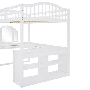 English Elm Full Wood Loft Bed with Wraparound Study Desk Built-in Storage and Vanity Mirror N708S00008K