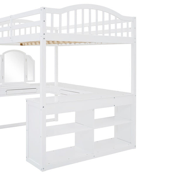 English Elm Full Wood Loft Bed with Wraparound Study Desk Built-in Storage and Vanity Mirror N708S00008K