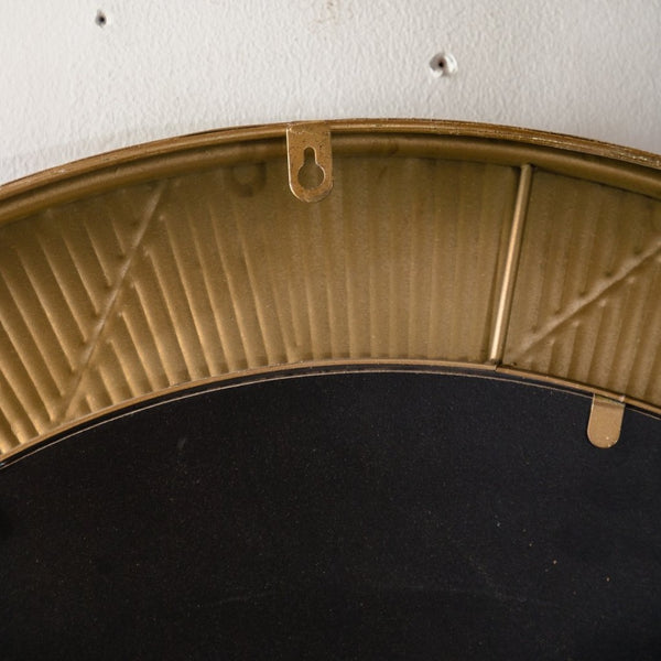 English Elm 31.3" Gold Iron Round Mirror Ribbed Texture Rivets Bohemian Accent for Bedroom W3158P407140