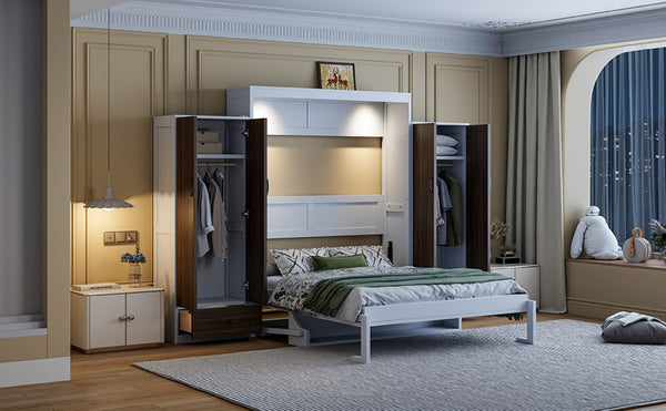English Elm Full Size Murphy Wall Bed with Wardrobes Desk Drawers and Led Light in White LP000924AAK