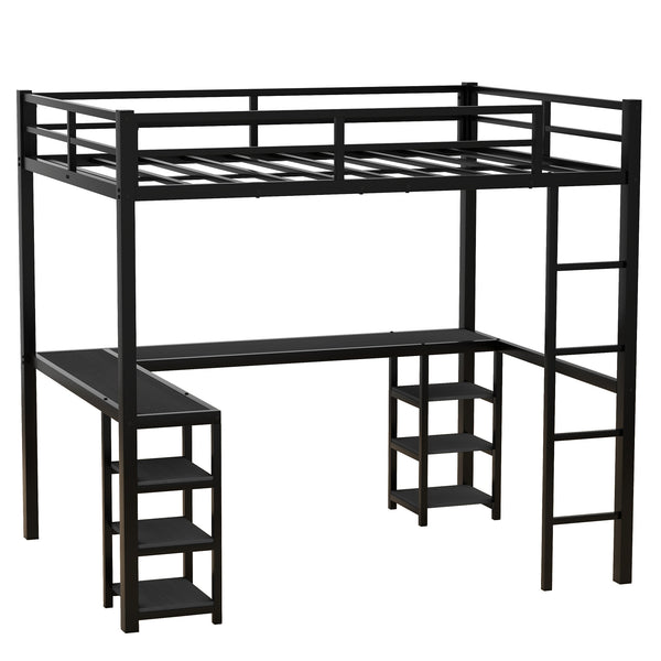 English Elm Full Metal Loft Bed With Desk & Shelves - Space-Saving Design, Safety Guardrails, Modern Black Frame W1580S00049