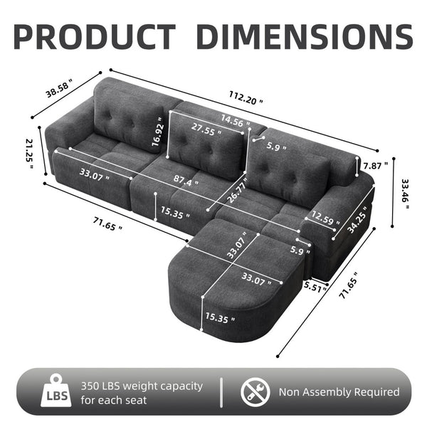English Elm Modular Sectional Sofa with Chaise Full Foam Build Woven Fabric for Living Room Dark Grey W2379S00007