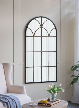 English Elm 34x65.5" Arched Full-Length Mirror with Black & Gold Windowpane Frame, Timeless Focal Point for Entryways W2078P372546