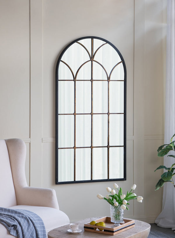 English Elm 34x65.5" Arched Full-Length Mirror with Black & Gold Windowpane Frame, Timeless Focal Point for Entryways W2078P372546