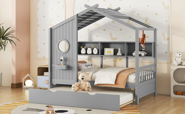 English Elm Wooden Twin House Bed with Trundle and 3 Back Shelves, Pine Frame Playful Loft Design for Kids Gray 41.7 L x 16.25 W x 6 H N733S316110E