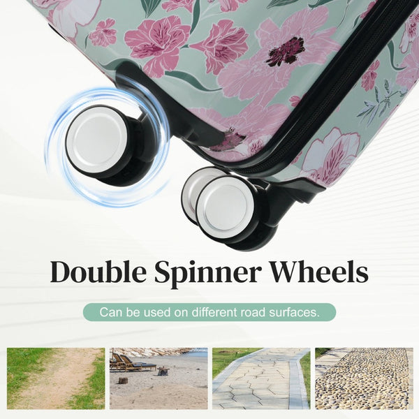 English Elm 6 Piece Hardshell Abs Travel Set with Spinner Wheels Combination Lock and Toiletry Bag Green & Pink Flower N732P391160F
