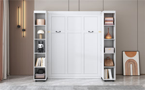 English Elm Queen Murphy Wall Bed with Hydraulic Lift and Push Pull Cabinet Storage Unit White LP000381AAK