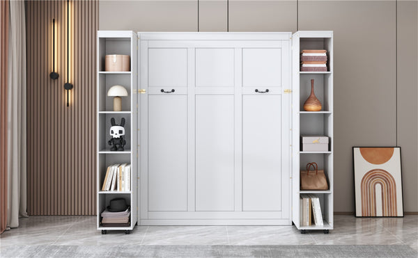 English Elm Queen Murphy Wall Bed with Hydraulic Lift and Push Pull Cabinet Storage Unit White LP000381AAK